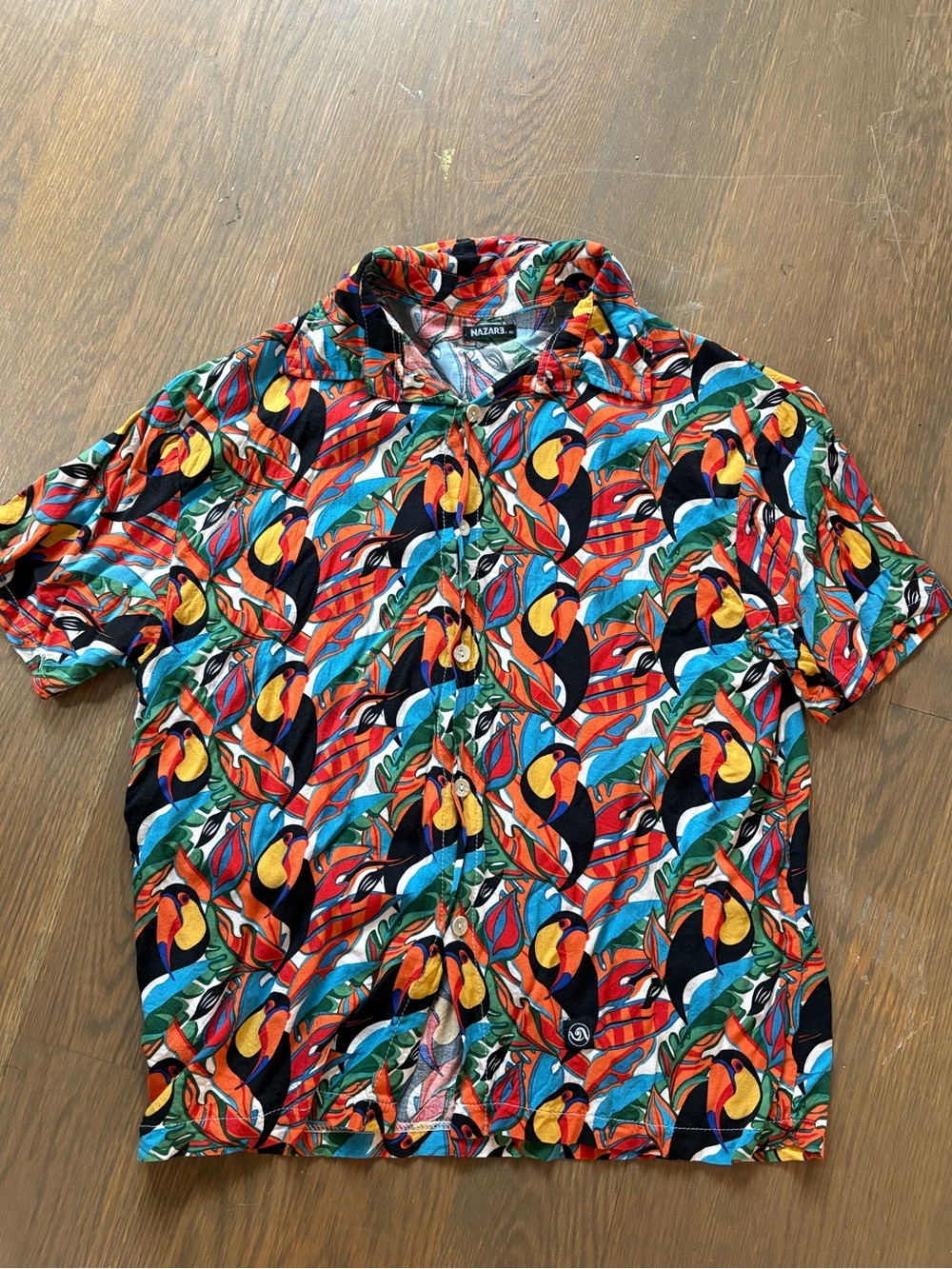 Red Tropical Print Short-Sleeve Shirt - button up with toucans